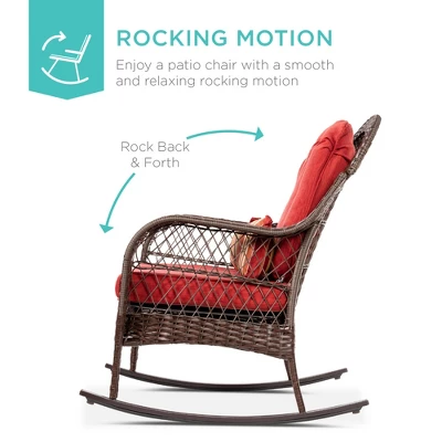 Best Choice Products Outdoor Wicker Rocking Chair For Patio, Porch W/ Steel Frame, Weather-Resistant Cushions - Red 3 Best Choice Products Outdoor Wicker Rocking Chair For Patio, Porch W/ Steel Frame, Weather-Resistant Cushions - Red