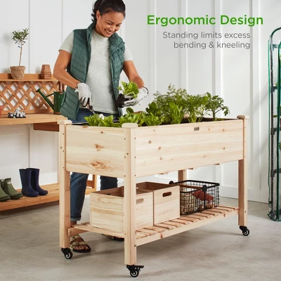Best Choice Products Raised Garden Bed 48x23x32in Wood Mobile Elevated Planter W/ Wheel Locks, Shelf, Liner 8 Best Choice Products Raised Garden Bed 48x23x32in Wood Mobile Elevated Planter W/ Wheel Locks, Shelf, Liner - Image 6