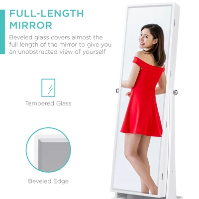 Best Choice Products 360 Swivel Standing Mirrored Jewelry Cabinet, LED-Lit Makeup Organizer W/ Mirror - White 4 Best Choice Products 360 Swivel Standing Mirrored Jewelry Cabinet, LED-Lit Makeup Organizer W/ Mirror - White - Image 2