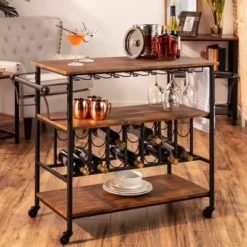Best Choice Products 45in Industrial Wood Shelf Bar & Wine Storage Service Cart W/ Bottle & Glass Racks, Locking Wheels