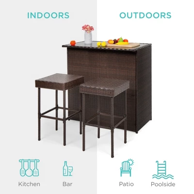 Best Choice Products 3-Piece All-Weather Wicker Bar Table Set For Patio, Backyard W/ 2 Stools, Glass Tabletop - Brown 4 Best Choice Products 3-Piece All-Weather Wicker Bar Table Set For Patio, Backyard W/ 2 Stools, Glass Tabletop - Brown - Image 2