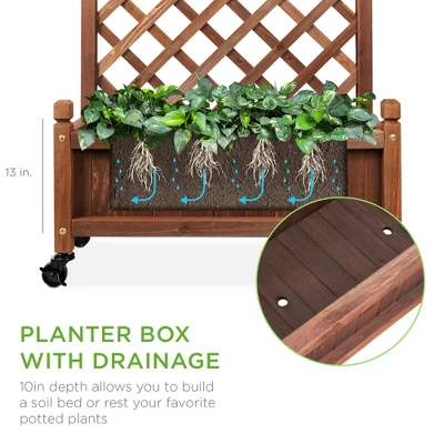 Best Choice Products 60in Mobile Wood Planter Box & Diamond Lattice Trellis, W/ Drainage Holes, Optional Wheels - Walnut 4 Best Choice Products 60in Mobile Wood Planter Box & Diamond Lattice Trellis, W/ Drainage Holes, Optional Wheels - Walnut - Image 2