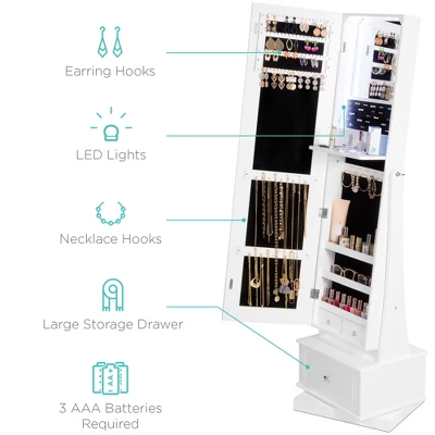 Best Choice Products 360 Swivel Standing Mirrored Jewelry Cabinet, LED-Lit Makeup Organizer W/ Mirror - White 6 Best Choice Products 360 Swivel Standing Mirrored Jewelry Cabinet, LED-Lit Makeup Organizer W/ Mirror - White - Image 4