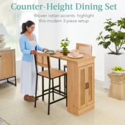 Best Choice Products 3-Piece Counter Height Rattan Dining Table Set W/ 3 Adjustable Storage Shelves, Cabinet Doors