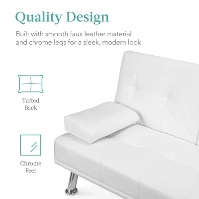 Best Choice Products Modern Faux Leather Convertible Futon Sofa W/ Removable Armrests, Metal Legs, 2 Cupholders - White 6 Best Choice Products Modern Faux Leather Convertible Futon Sofa W/ Removable Armrests, Metal Legs, 2 Cupholders - White - Image 4