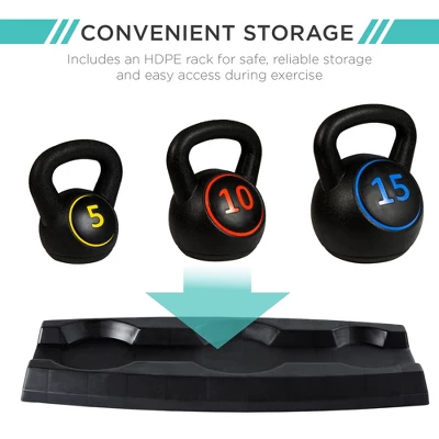 Best Choice Products 3-Piece Kettlebell Set With Storage Rack, Exercise Fitness Concrete Weights 5lb, 10lb, 15lb 4 Best Choice Products 3-Piece Kettlebell Set With Storage Rack, Exercise Fitness Concrete Weights 5lb, 10lb, 15lb - Image 2