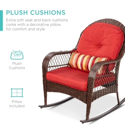 Best Choice Products Outdoor Wicker Rocking Chair For Patio, Porch W/ Steel Frame, Weather-Resistant Cushions - Red 5 Best Choice Products Outdoor Wicker Rocking Chair For Patio, Porch W/ Steel Frame, Weather-Resistant Cushions - Red - Image 3