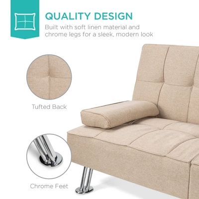 Best Choice Products Modern Linen Convertible Futon Sofa Bed W/ Removable Armrests, Metal Legs, Cupholders 6 Best Choice Products Modern Linen Convertible Futon Sofa Bed W/ Removable Armrests, Metal Legs, Cupholders - Image 4