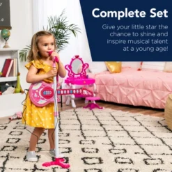 Best Choice Products 19in Kids Flash Guitar, Pretend Play Musical Instrument Toy For Toddlers W/ Mic, Stand - Pink